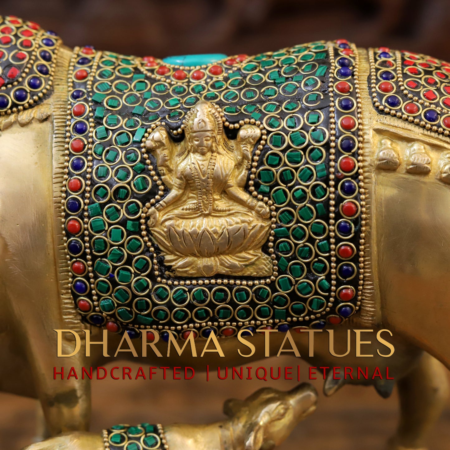 Brass Cow With Calf Standing on Base, Lakshmi Ji Engraved, Golden Finish & Stonework, 8"