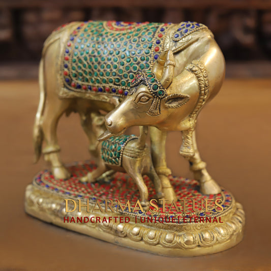 Brass Cow With Calf Standing on Base, Golden Finish & Stonework, 7"