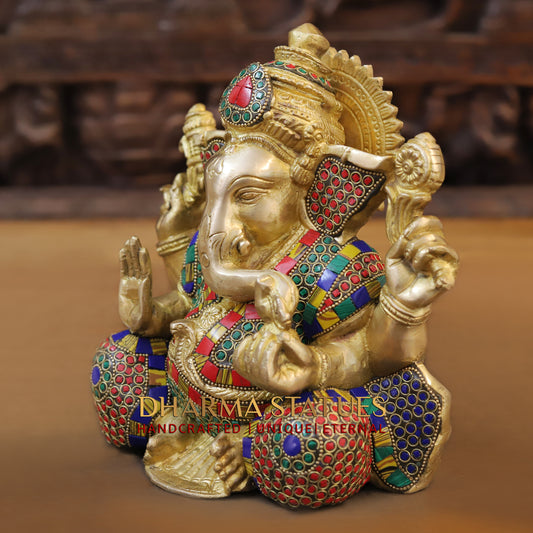 Brass Ganesh seated, Blessing Position, Golden & Stonework, 8.5"