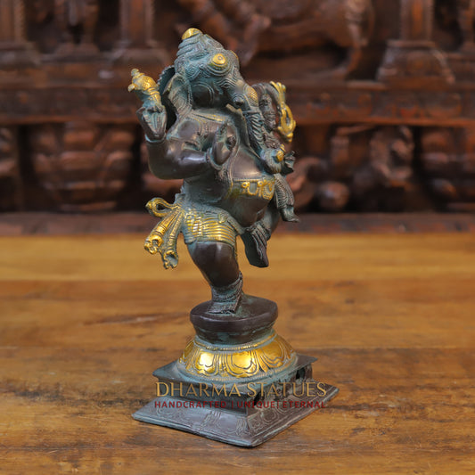 Brass Dancing Ganesh Idol, Black Patina and Golden Finish 11"