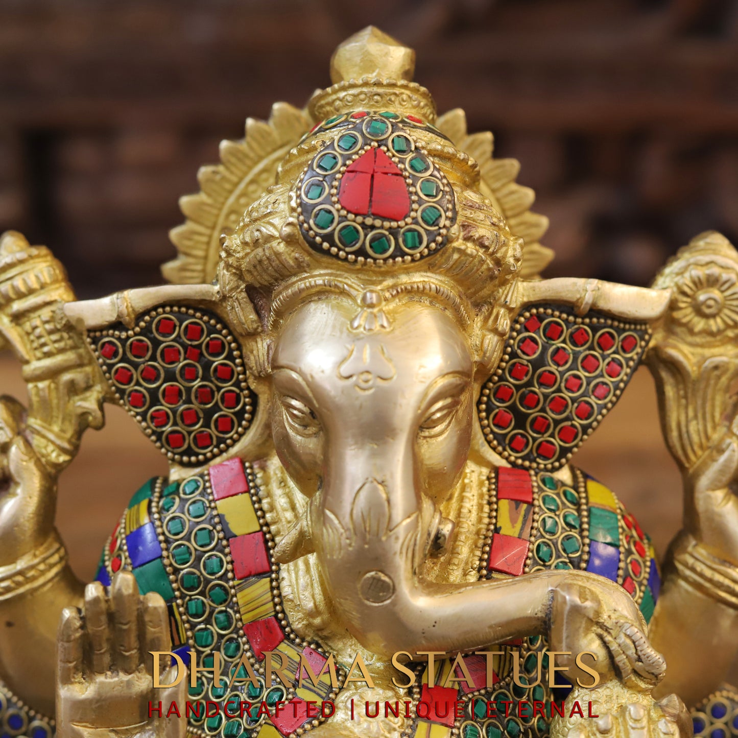 Brass Ganesh seated, Blessing Position, Golden & Stonework, 8.5"