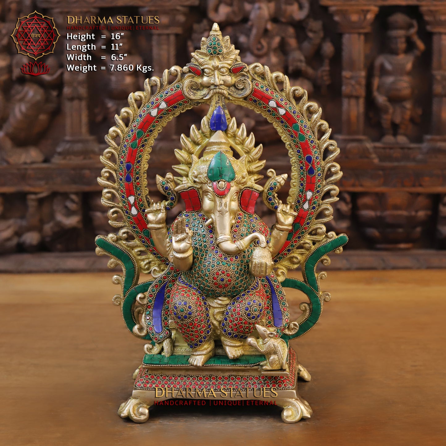 Brass Ganesh seated on Throne, Blessing Posture, Golden & Stonework, 16"