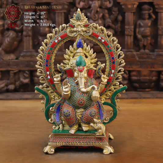Brass Ganesh seated on Throne, Blessing Posture, Golden & Stonework, 16"