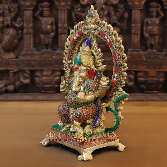 Brass Ganesh seated on Throne, Blessing Posture, Golden & Stonework, 16"