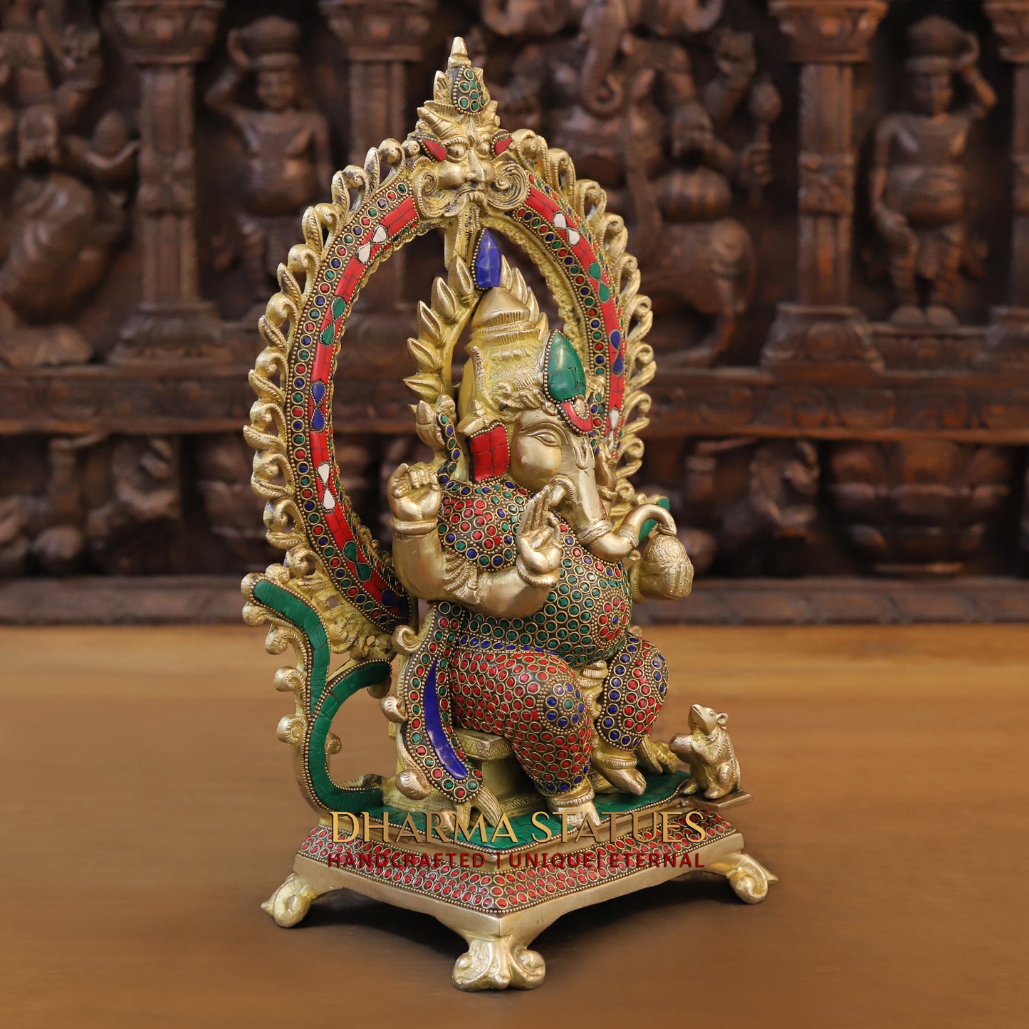 Brass Ganesh seated on Throne, Blessing Posture, Golden & Stonework, 16"