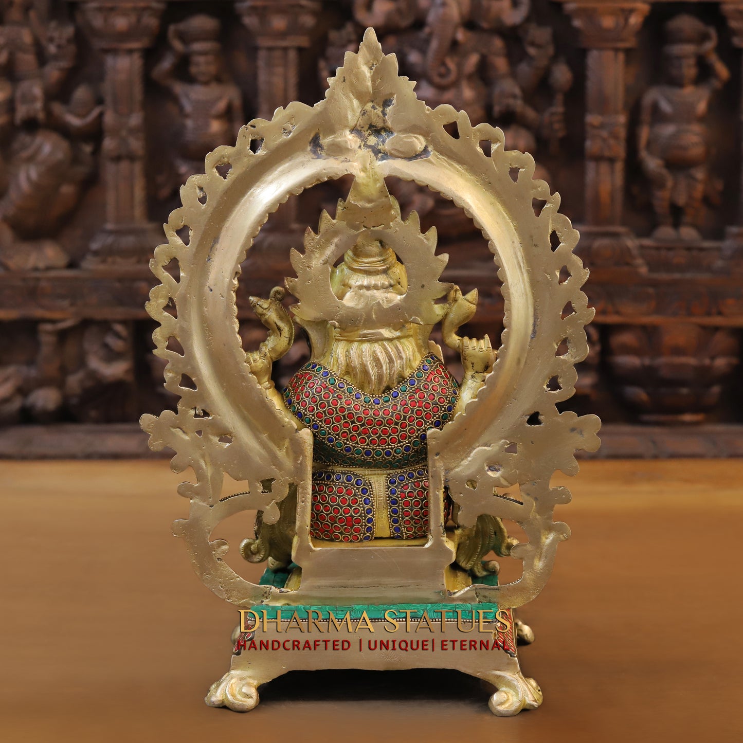 Brass Ganesh seated on Throne, Blessing Posture, Golden & Stonework, 16"