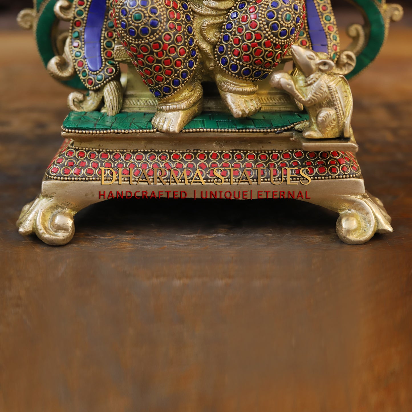 Brass Ganesh seated on Throne, Blessing Posture, Golden & Stonework, 16"