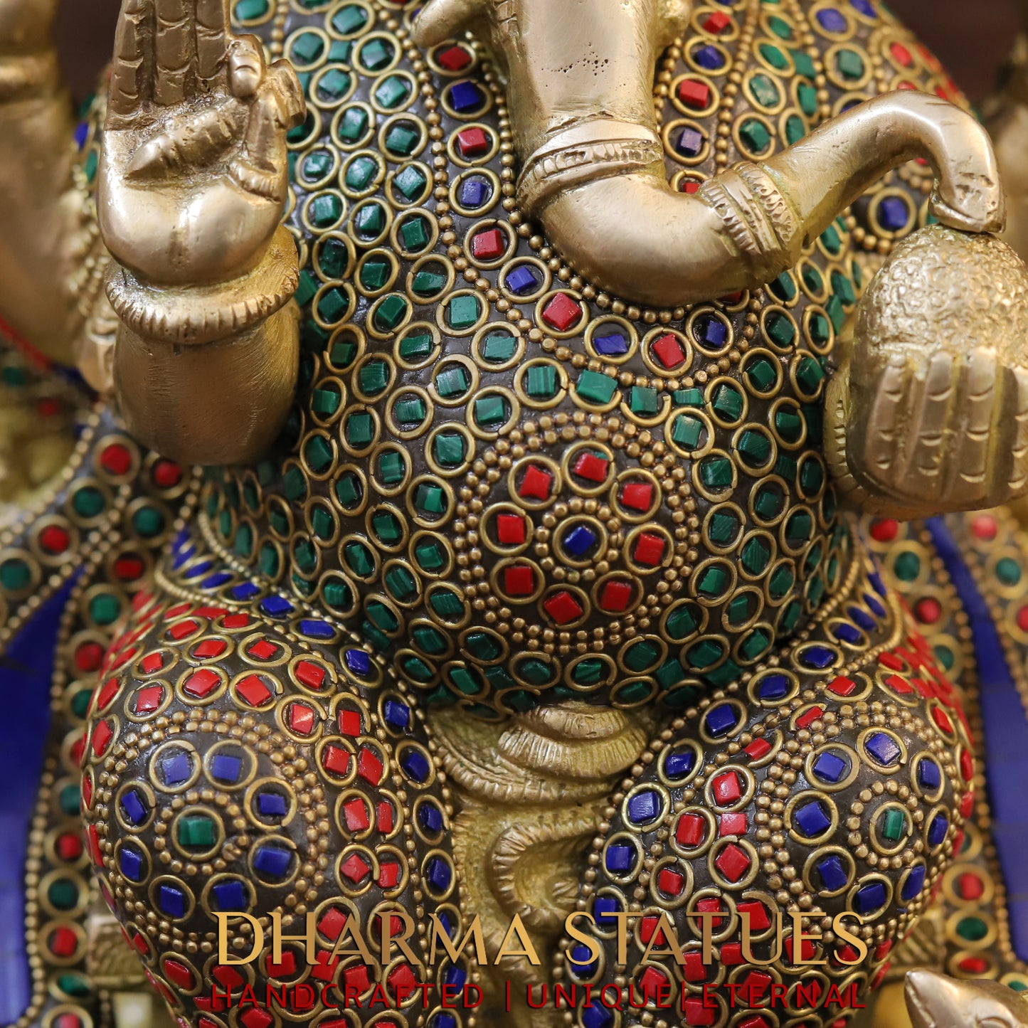 Brass Ganesh seated on Throne, Blessing Posture, Golden & Stonework, 16"