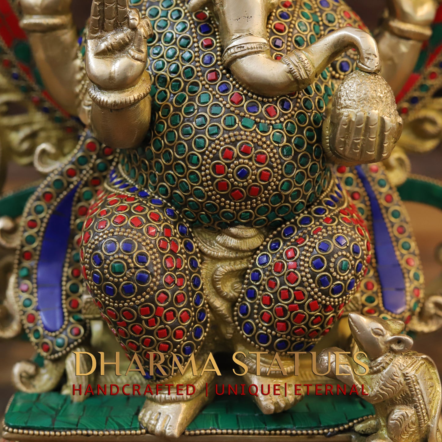 Brass Ganesh seated on Throne, Blessing Posture, Golden & Stonework, 16"