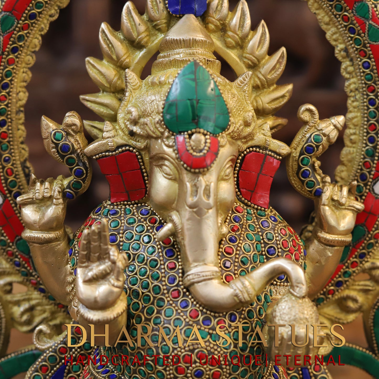 Brass Ganesh seated on Throne, Blessing Posture, Golden & Stonework, 16"