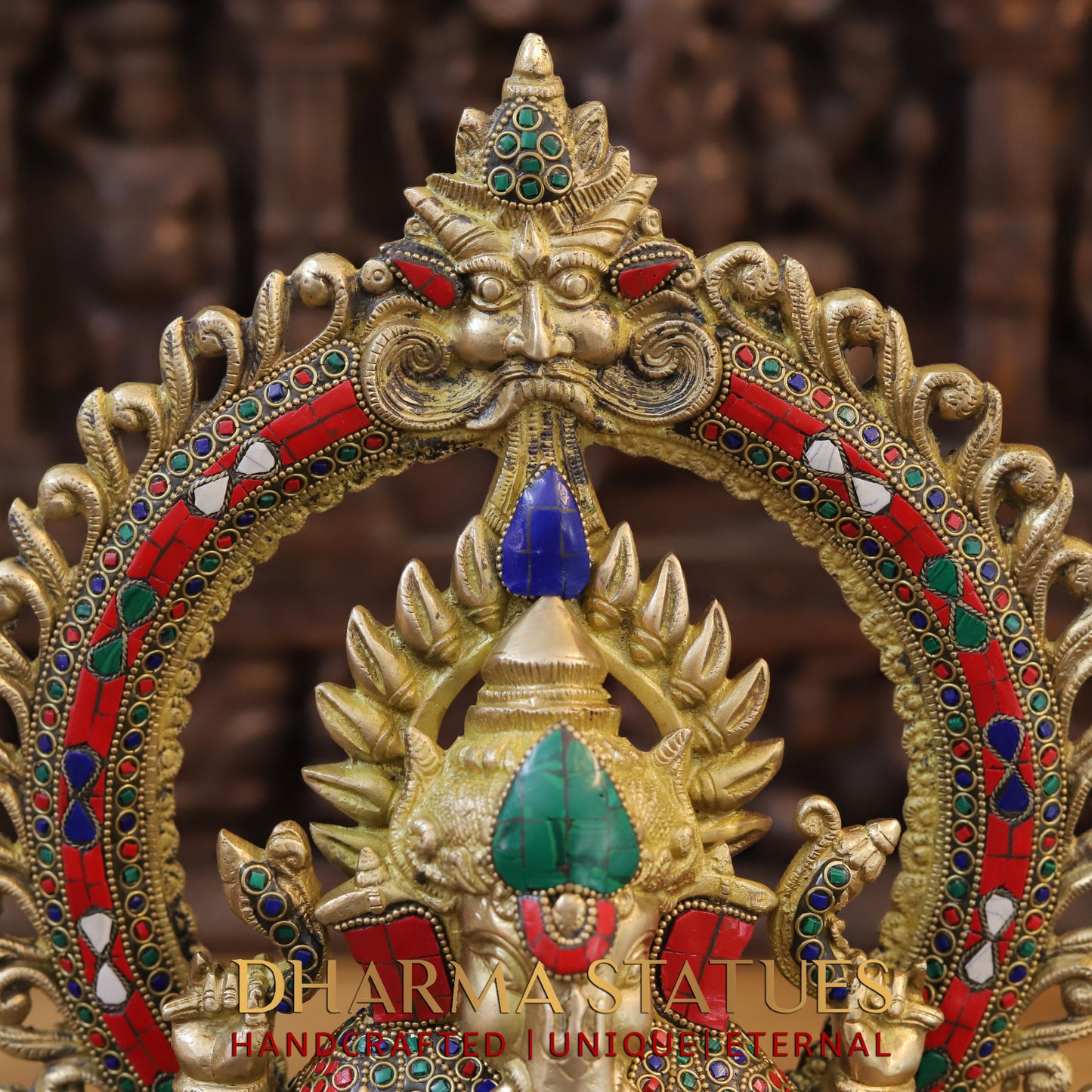 Brass Ganesh seated on Throne, Blessing Posture, Golden & Stonework, 16"