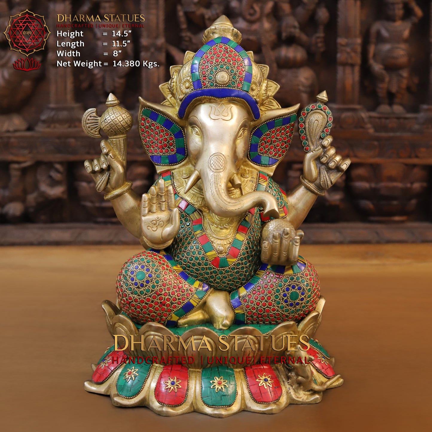 Brass Ganesh seated on Lotus, Blessing Posture, Golden & Stonework, 14.5