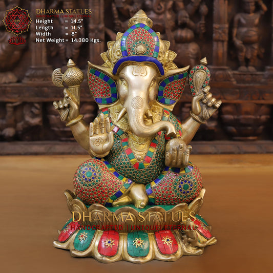 Brass Ganesh seated on Lotus, Blessing Posture, Golden & Stonework, 14.5