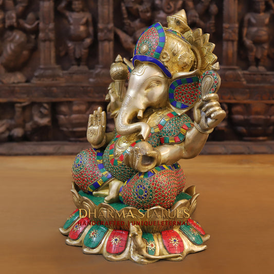 Brass Ganesh seated on Lotus, Blessing Posture, Golden & Stonework, 14.5