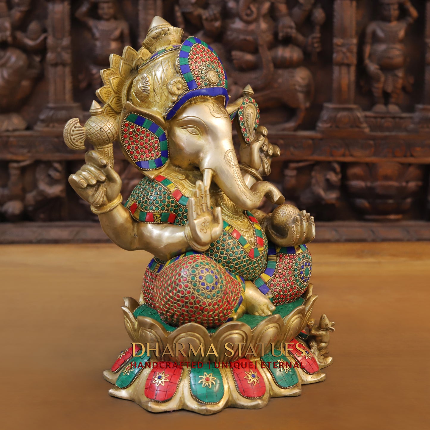 Brass Ganesh seated on Lotus, Blessing Posture, Golden & Stonework, 14.5