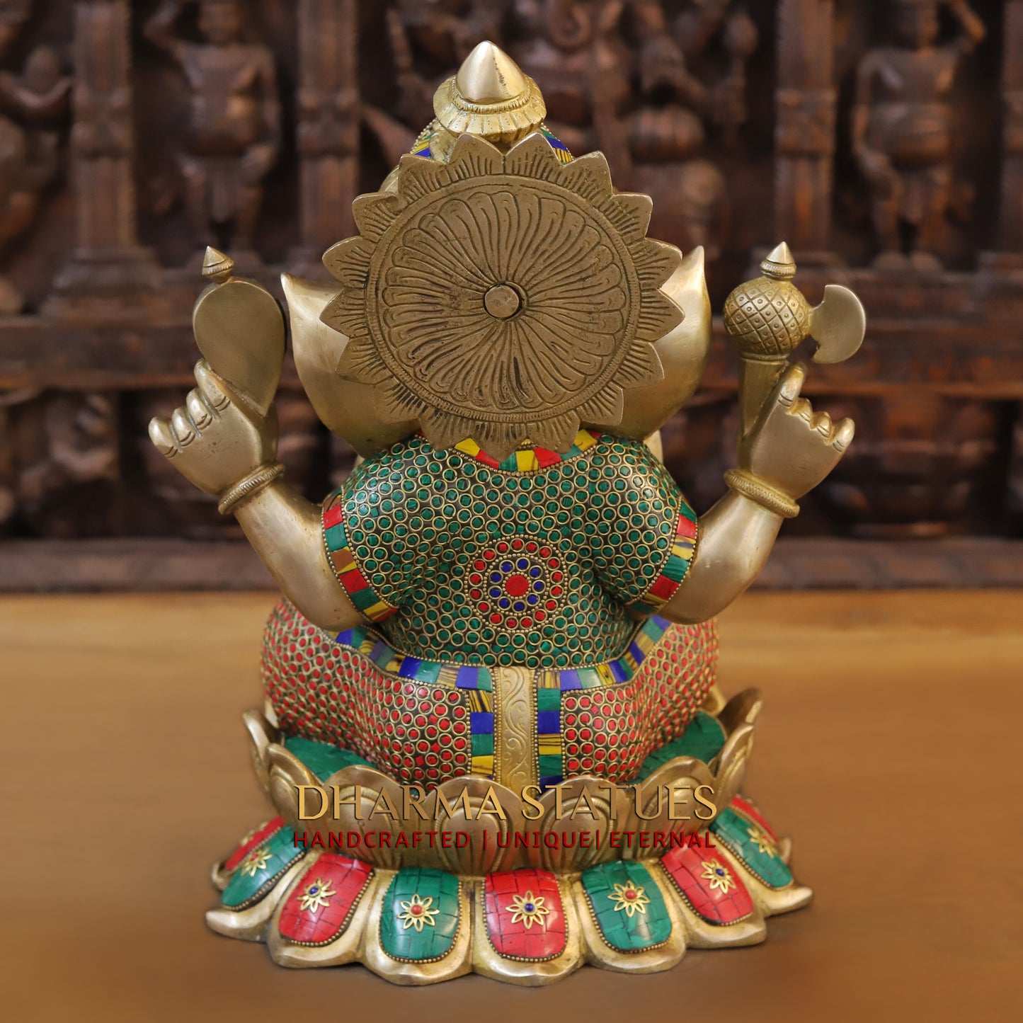 Brass Ganesh seated on Lotus, Blessing Posture, Golden & Stonework, 14.5