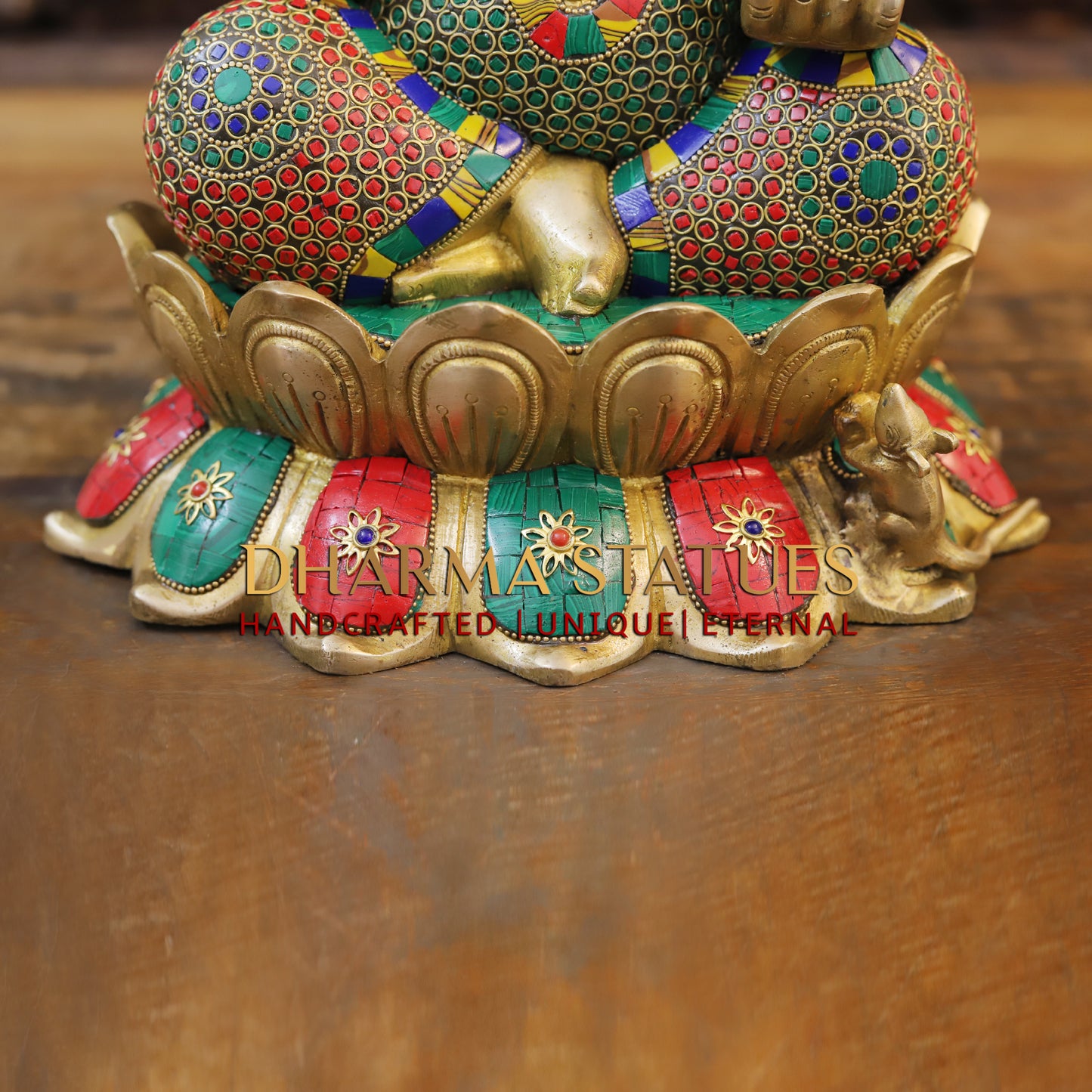 Brass Ganesh seated on Lotus, Blessing Posture, Golden & Stonework, 14.5