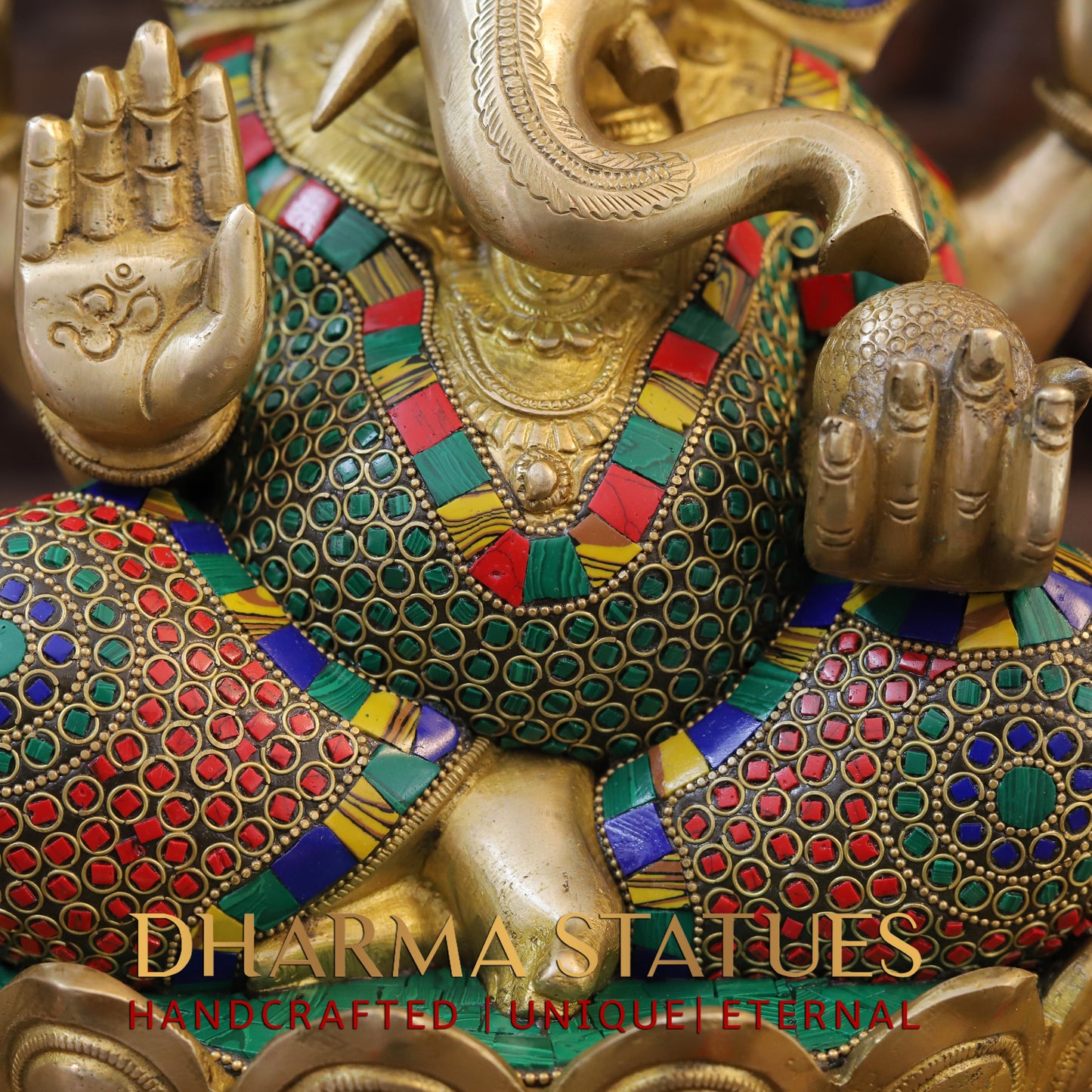 Brass Ganesh seated on Lotus, Blessing Posture, Golden & Stonework, 14.5