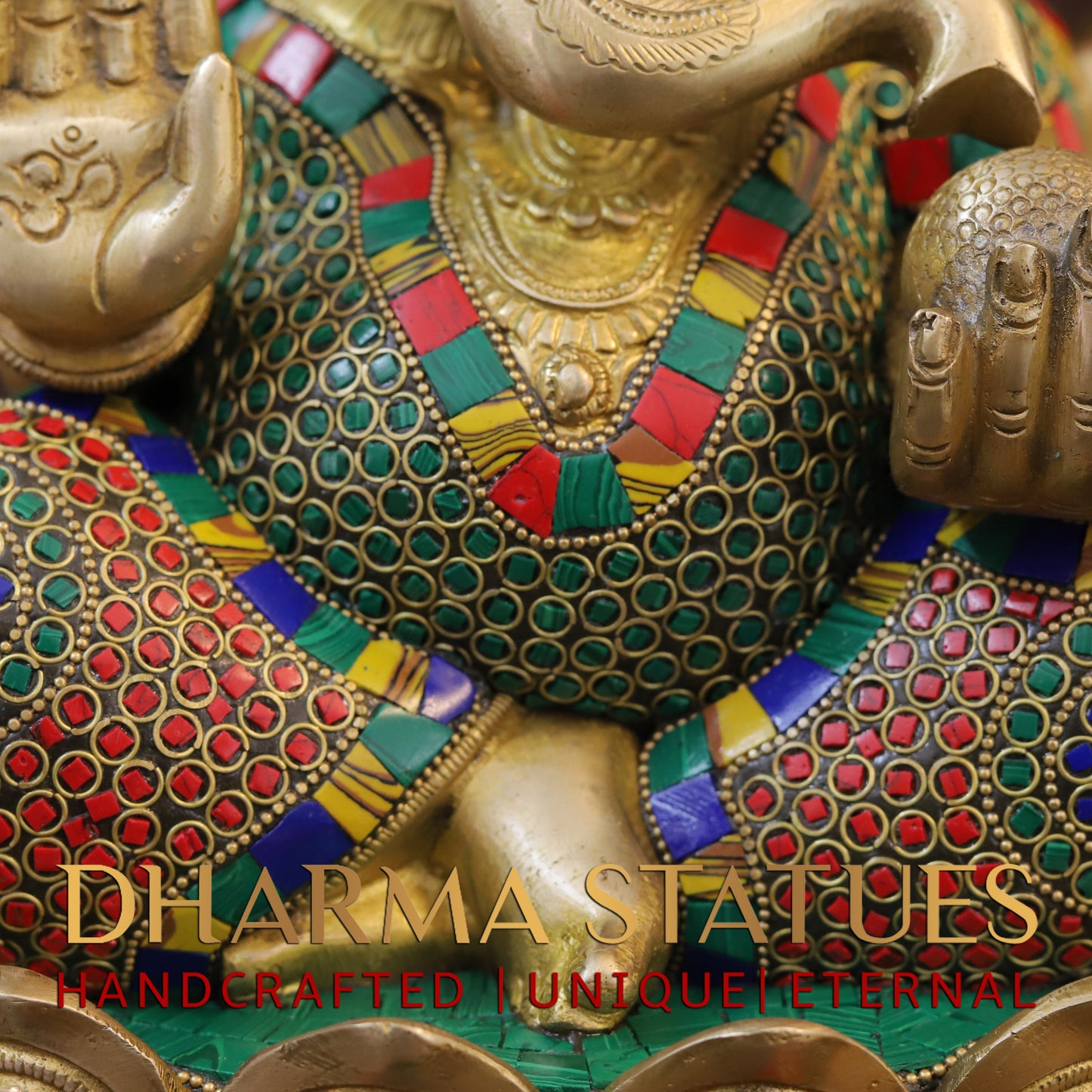 Brass Ganesh seated on Lotus, Blessing Posture, Golden & Stonework, 14.5