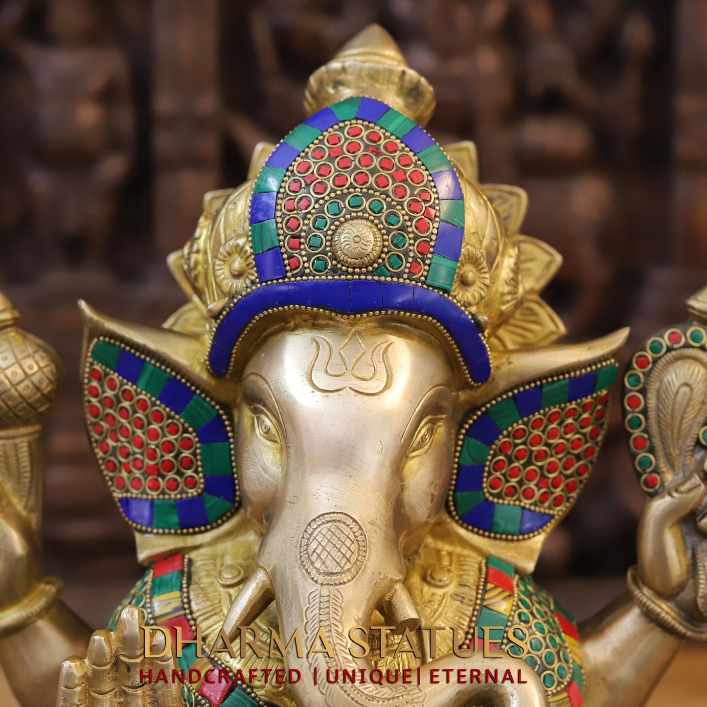 Brass Ganesh seated on Lotus, Blessing Posture, Golden & Stonework, 14.5