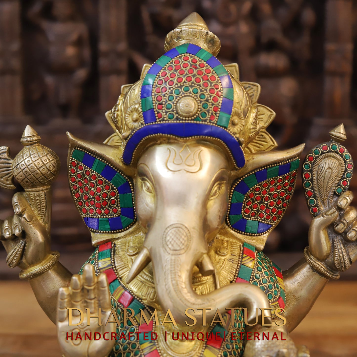 Brass Ganesh seated on Lotus, Blessing Posture, Golden & Stonework, 14.5