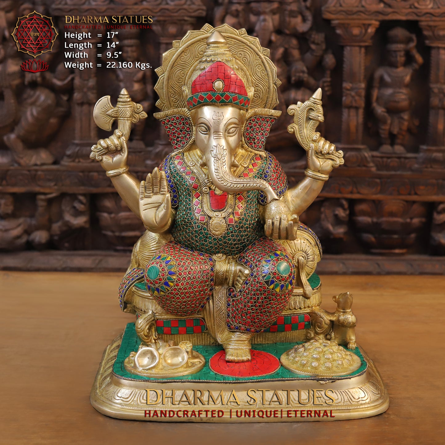 Brass Ganesh seated on Throne, Blessing Posture, Golden Finish & Stonework, 17"