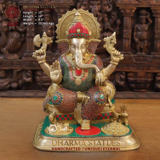 Brass Ganesh seated on Throne, Blessing Posture, Golden Finish & Stonework, 17"