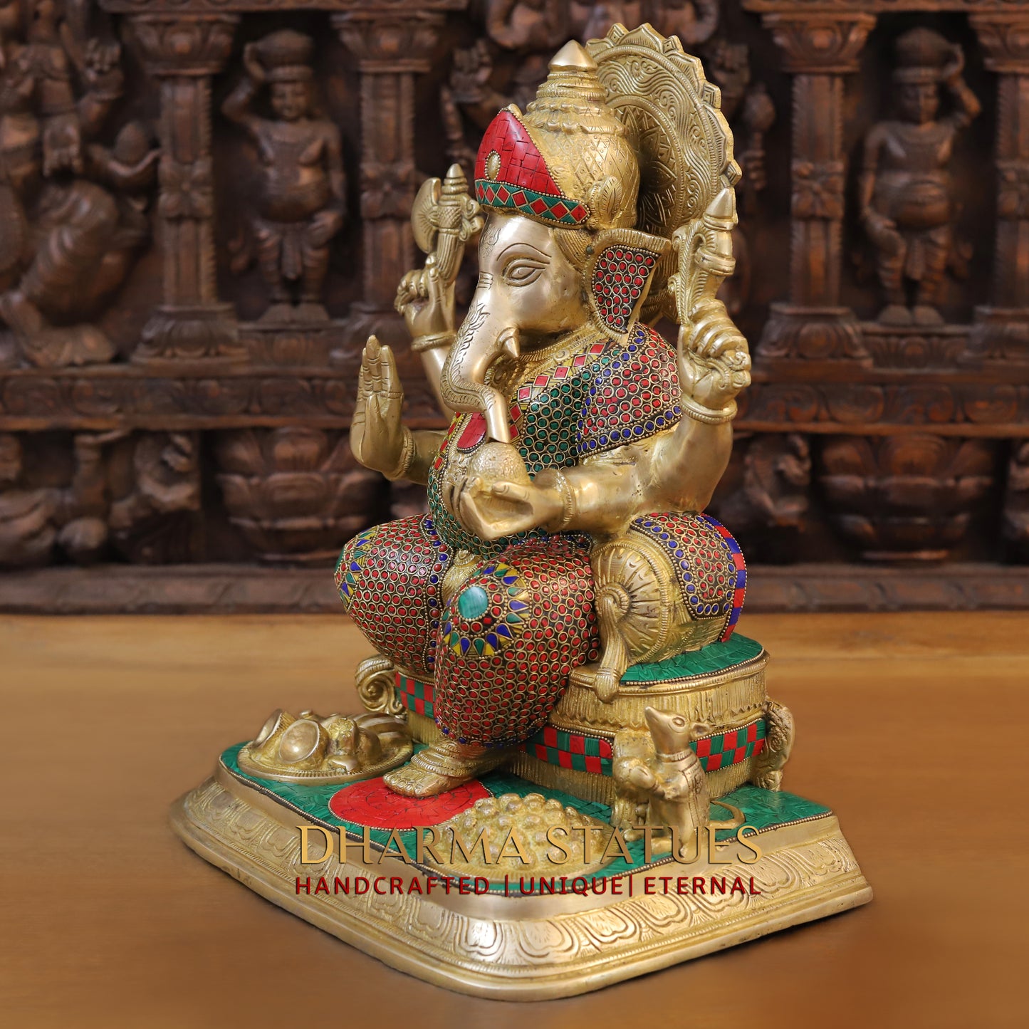 Brass Ganesh seated on Throne, Blessing Posture, Golden Finish & Stonework, 17"