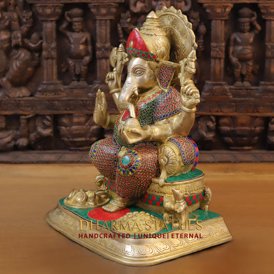 Brass Ganesh seated on Throne, Blessing Posture, Golden Finish & Stonework, 17"