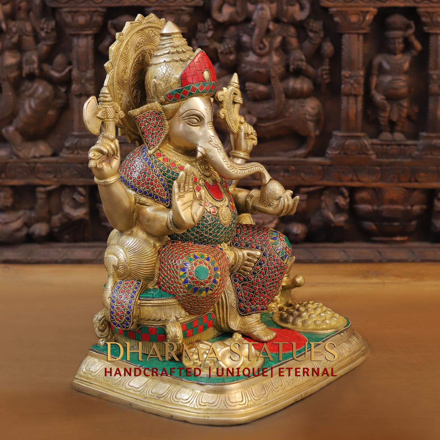Brass Ganesh seated on Throne, Blessing Posture, Golden Finish & Stonework, 17"