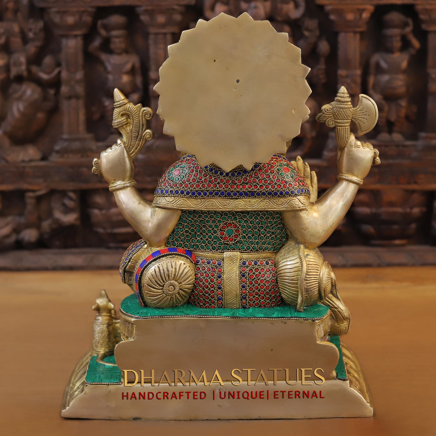 Brass Ganesh seated on Throne, Blessing Posture, Golden Finish & Stonework, 17"