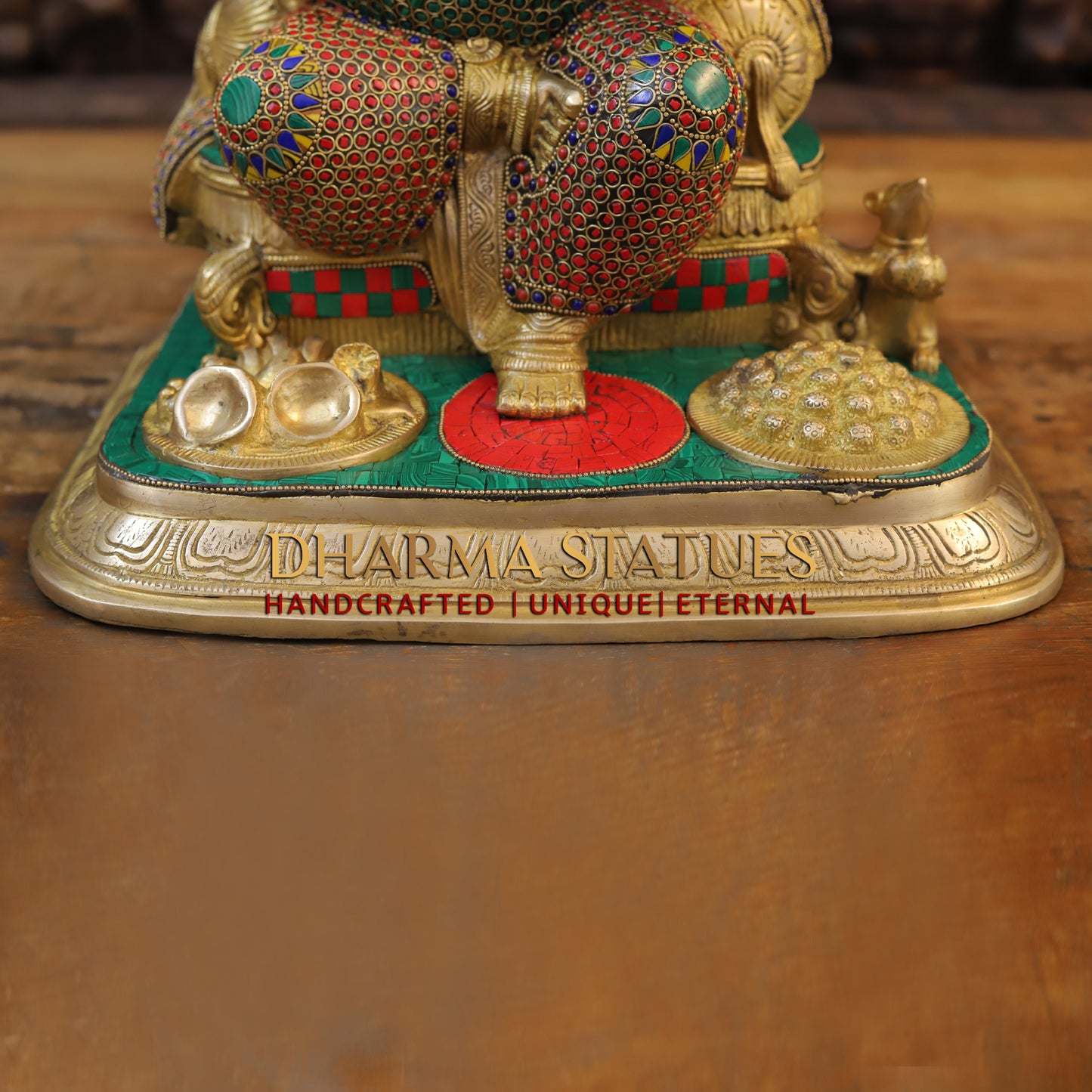 Brass Ganesh seated on Throne, Blessing Posture, Golden Finish & Stonework, 17"