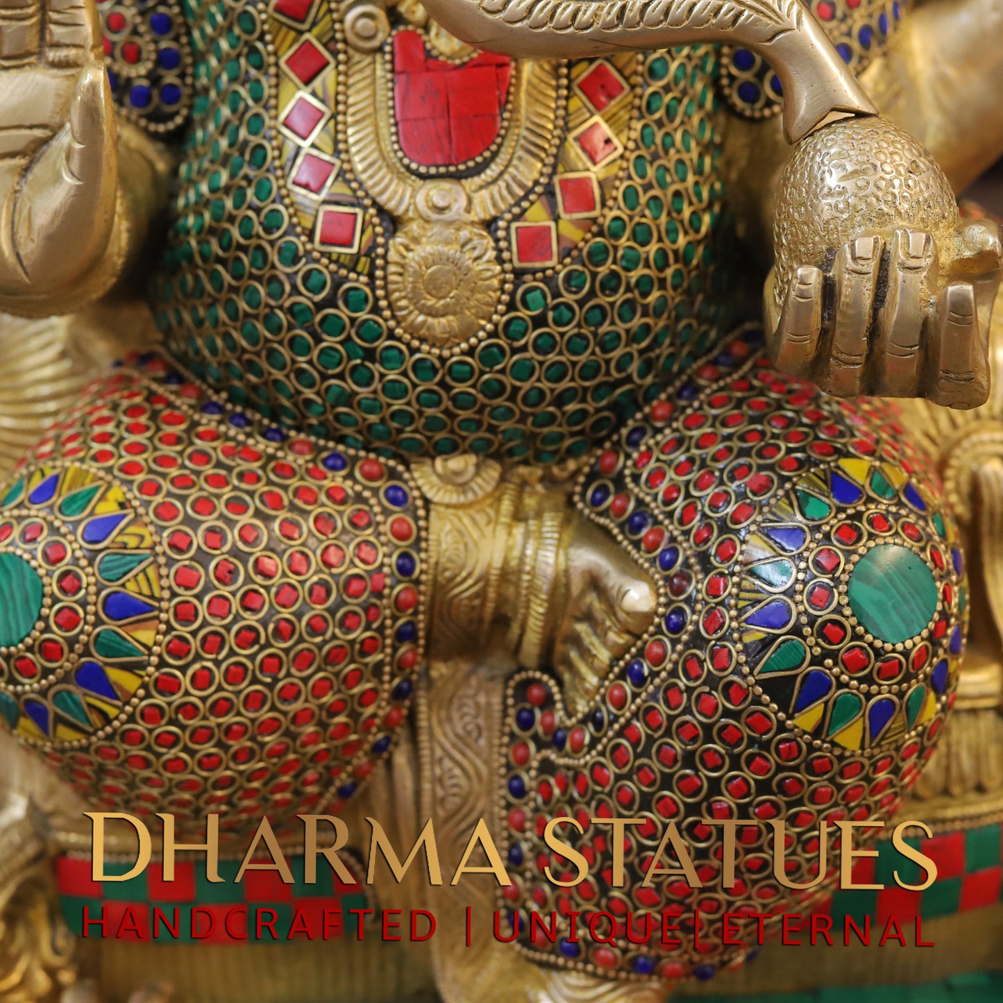 Brass Ganesh seated on Throne, Blessing Posture, Golden Finish & Stonework, 17"