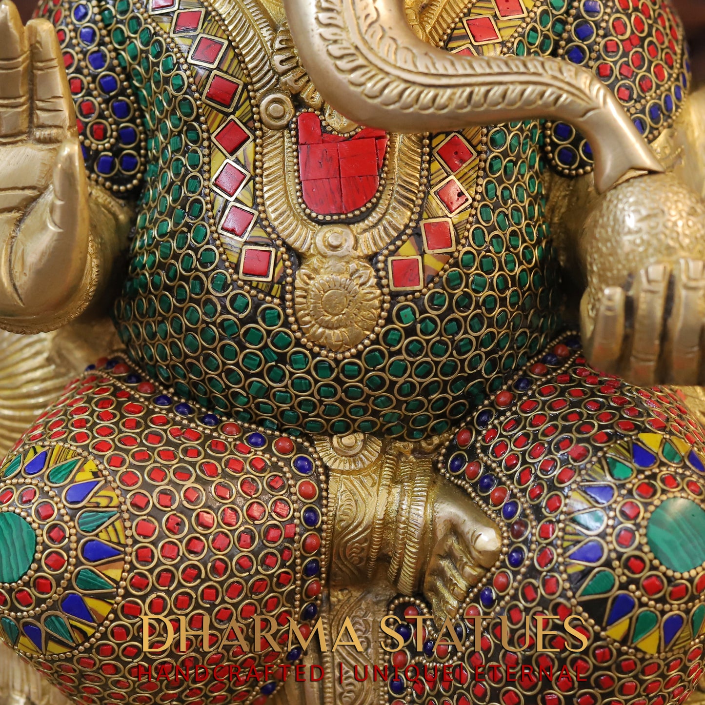 Brass Ganesh seated on Throne, Blessing Posture, Golden Finish & Stonework, 17"