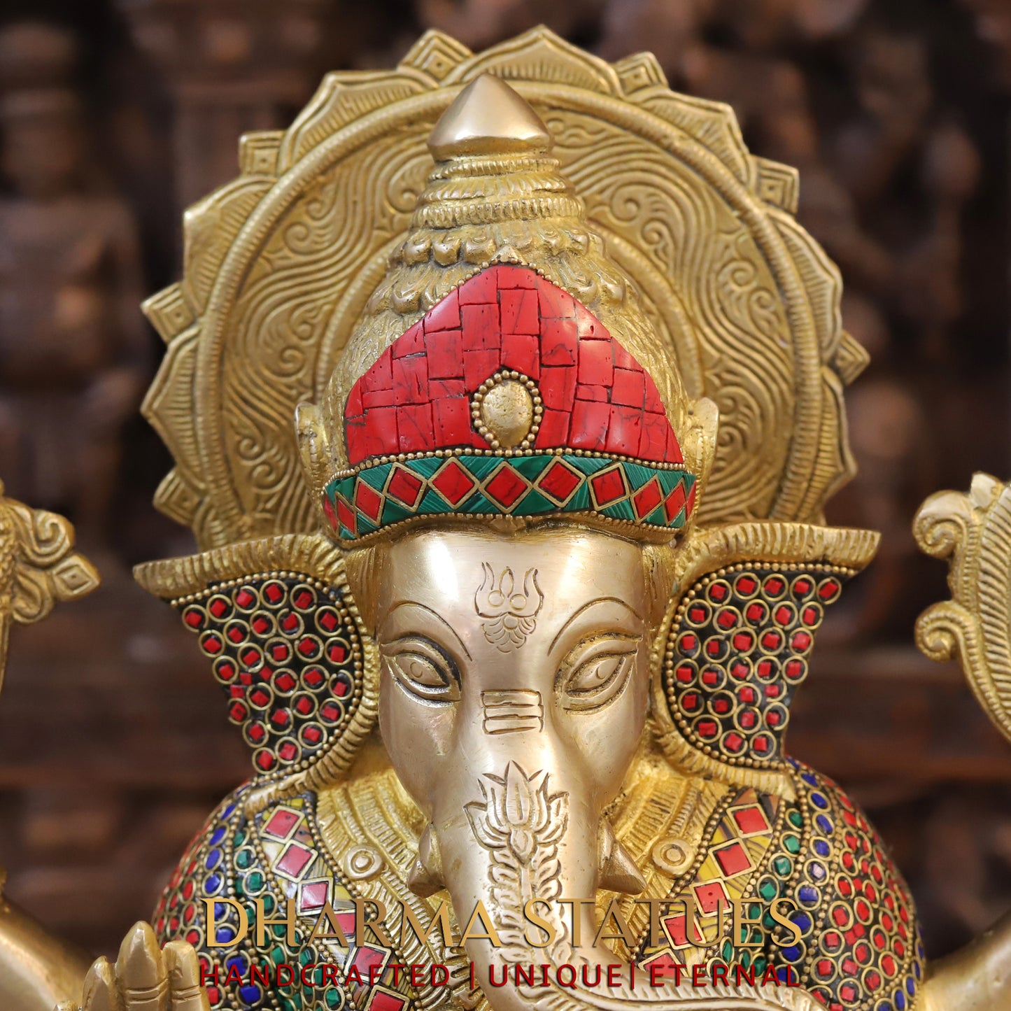 Brass Ganesh seated on Throne, Blessing Posture, Golden Finish & Stonework, 17"