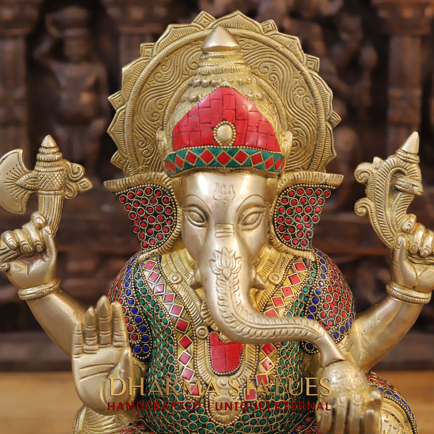 Brass Ganesh seated on Throne, Blessing Posture, Golden Finish & Stonework, 17"