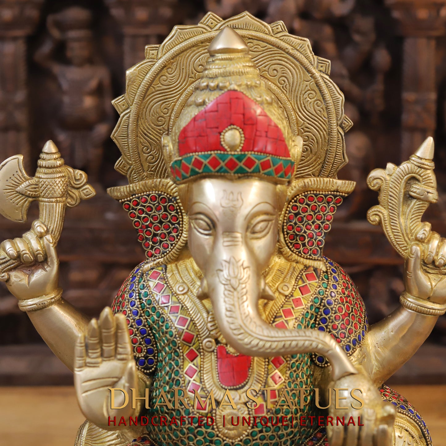 Brass Ganesh seated on Throne, Blessing Posture, Golden Finish & Stonework, 17"