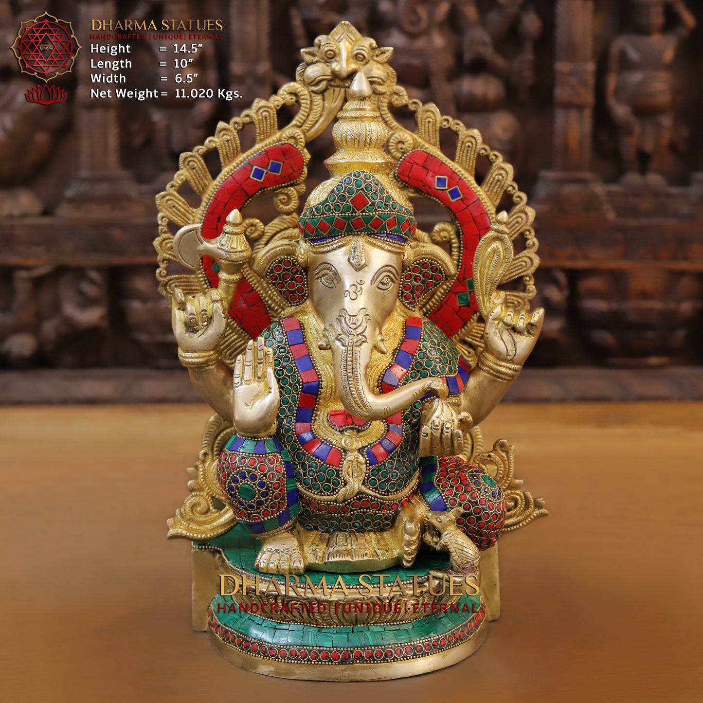 Brass Ganesh seated, blessing Posture, Golden Finish & Stonework, 14.5"