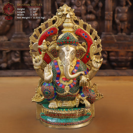 Brass Ganesh seated, blessing Posture, Golden Finish & Stonework, 14.5"