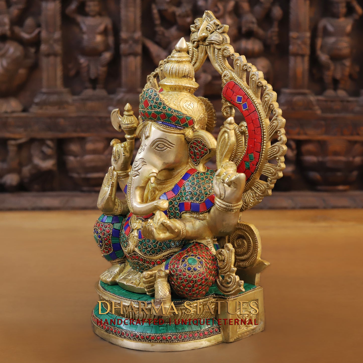 Brass Ganesh seated, blessing Posture, Golden Finish & Stonework, 14.5"