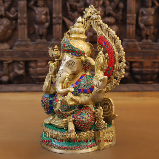 Brass Ganesh seated, blessing Posture, Golden Finish & Stonework, 14.5"