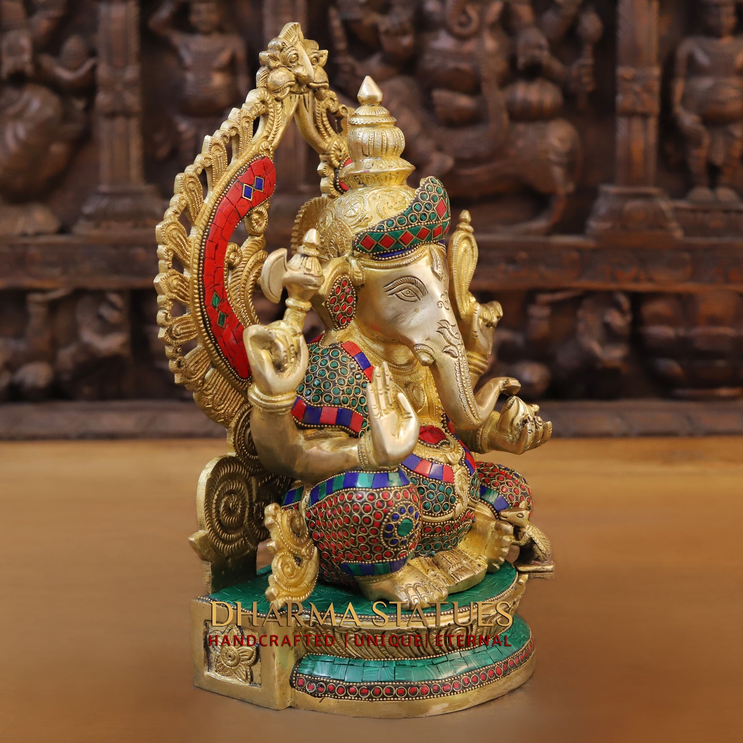 Brass Ganesh seated, blessing Posture, Golden Finish & Stonework, 14.5"
