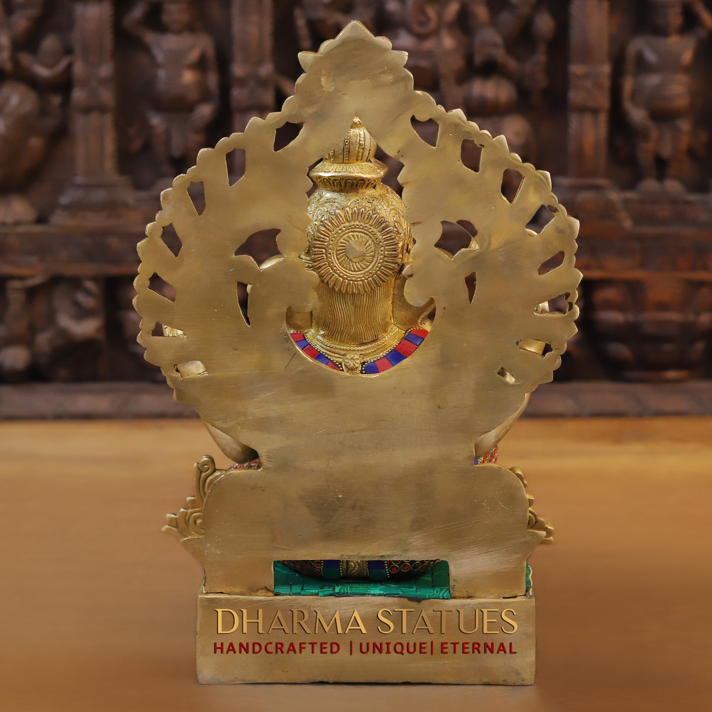 Brass Ganesh seated, blessing Posture, Golden Finish & Stonework, 14.5"