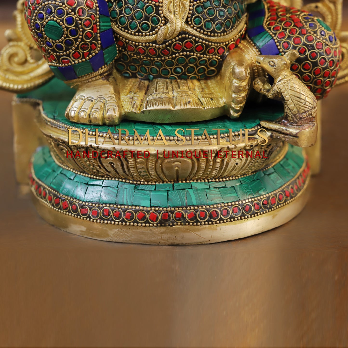 Brass Ganesh seated, blessing Posture, Golden Finish & Stonework, 14.5"