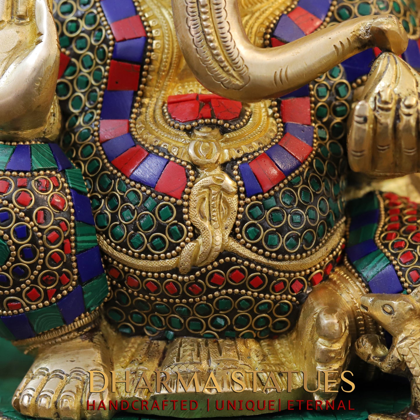 Brass Ganesh seated, blessing Posture, Golden Finish & Stonework, 14.5"