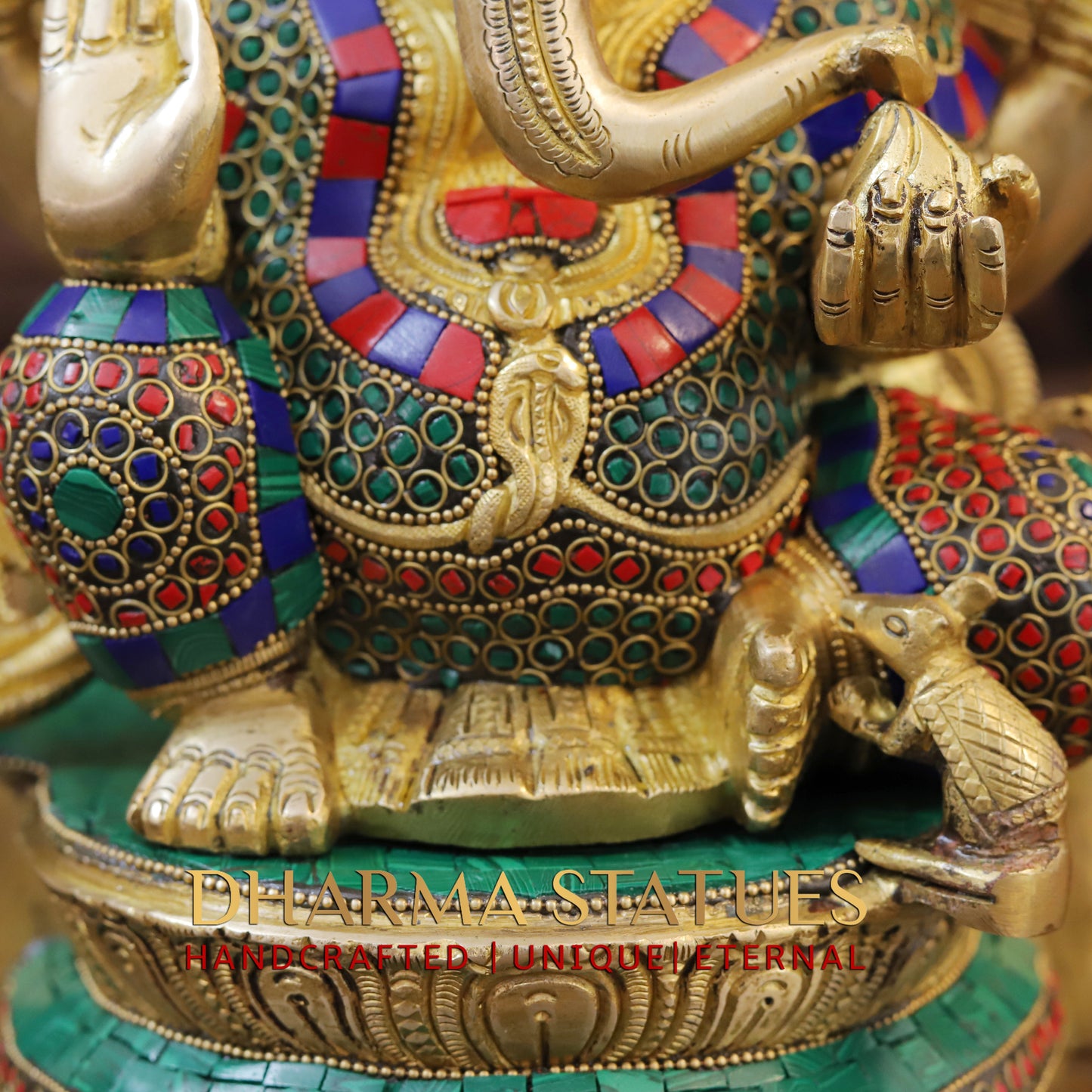 Brass Ganesh seated, blessing Posture, Golden Finish & Stonework, 14.5"