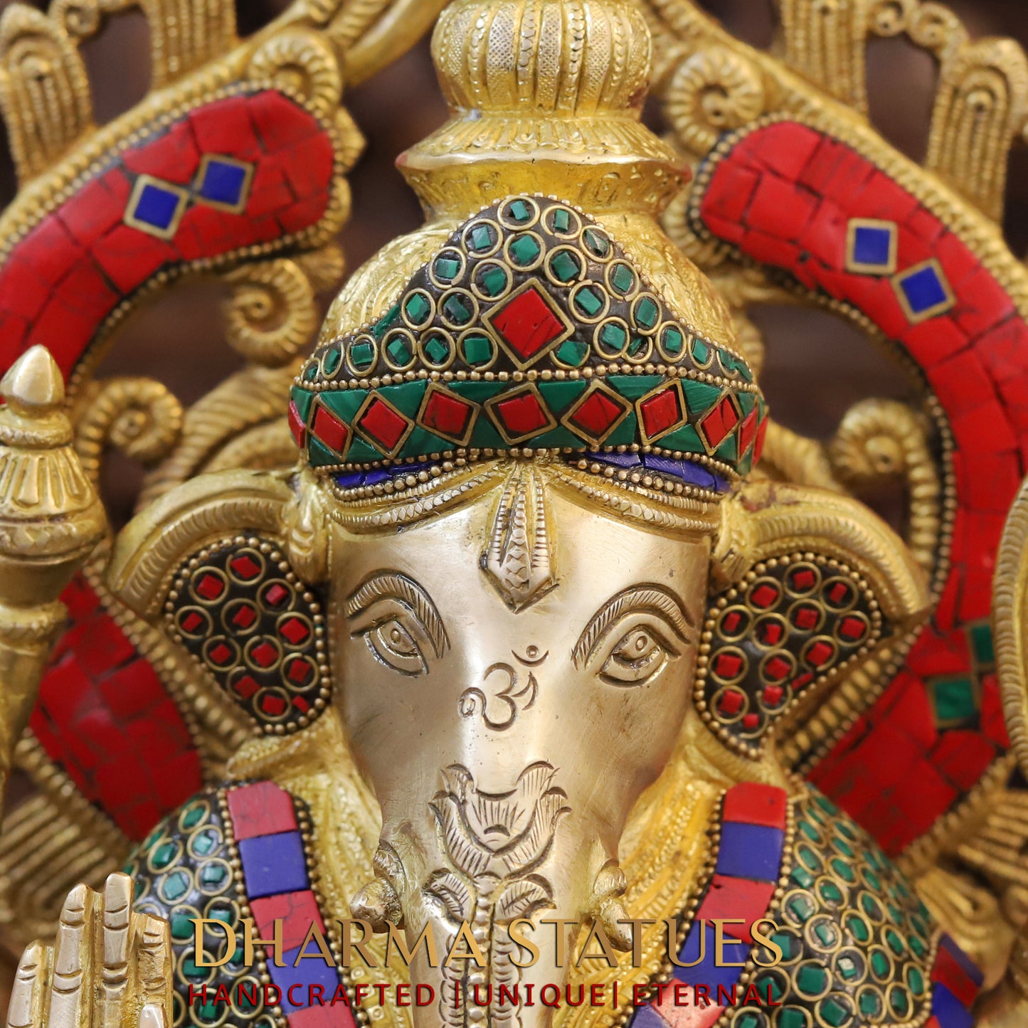 Brass Ganesh seated, blessing Posture, Golden Finish & Stonework, 14.5"