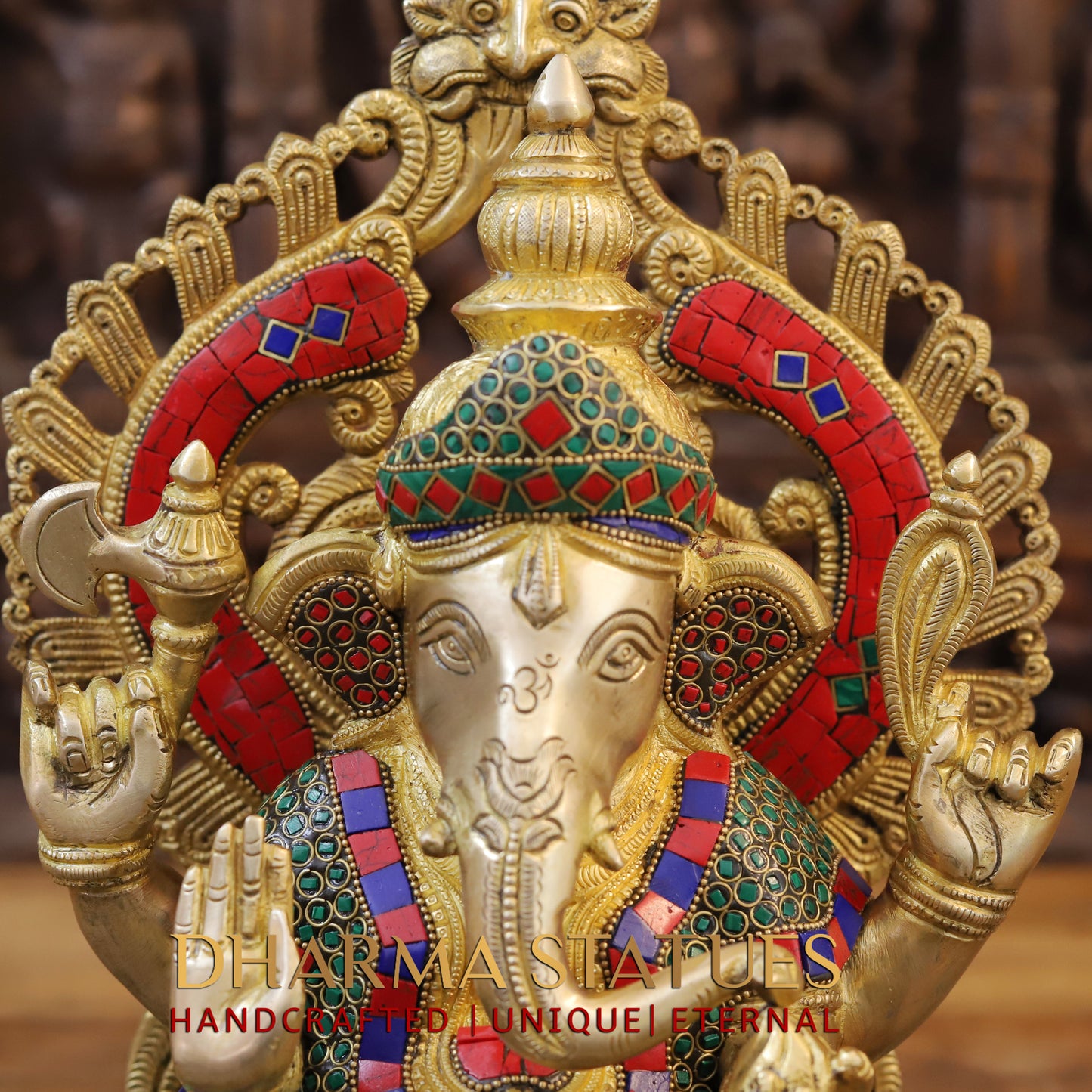 Brass Ganesh seated, blessing Posture, Golden Finish & Stonework, 14.5"