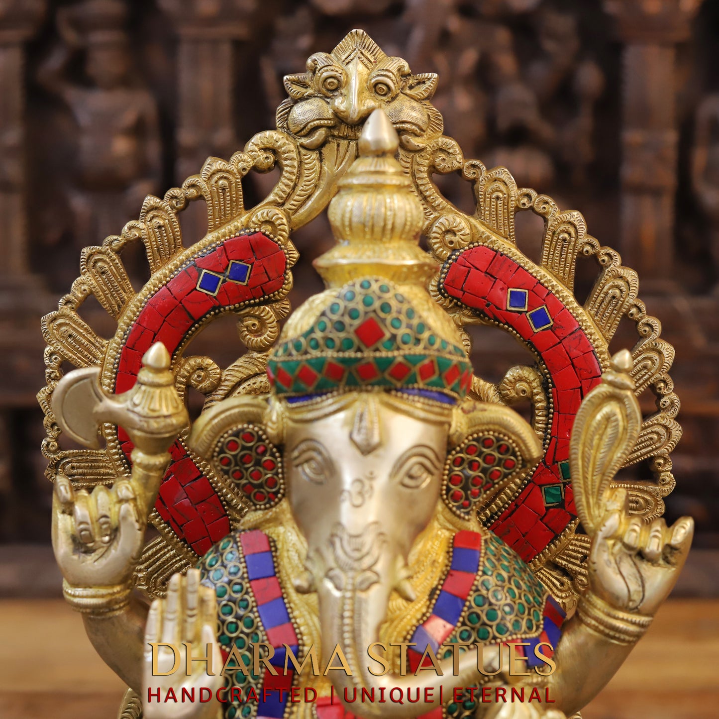 Brass Ganesh seated, blessing Posture, Golden Finish & Stonework, 14.5"