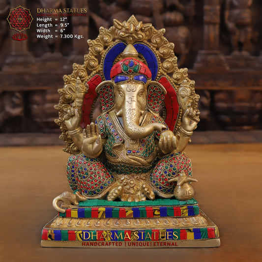 Brass Ganesh seated on Base with Frame, Blessing Position, Golden & Stonework, 12"